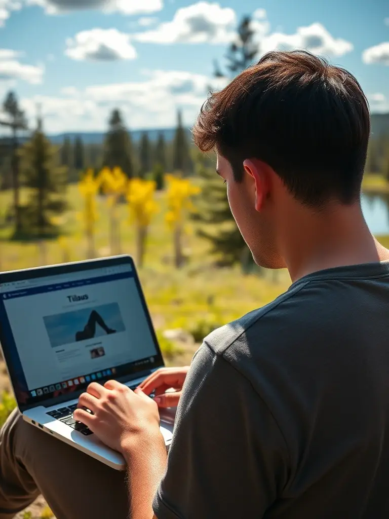 A CPA working remotely on a laptop with the Tilaus interface, set against a backdrop of a scenic location, illustrating cloud accessibility.